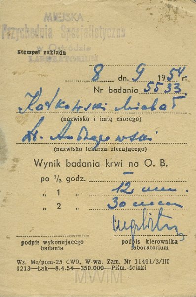 KKE 5463.jpg - Dok. Wyniki badań. Wystawione przez laboratorium w przychodni specjalistycznej w Ostródzie dla Michała Katkowskiego, Ostróda, 8 IX 1954 r.
